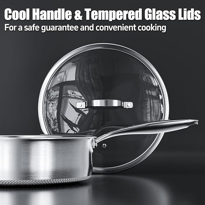 5 Qt Saute Pan with Lid, 5 Ply Stainless Steel Pan with Lid, Non Stick Frying Pans, Cooking Pot Deep Frying Pan Non-Toxic, For Induction, Oven, Dishwasher Safe