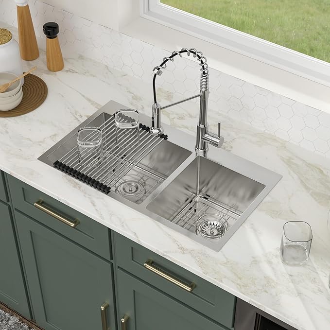 32 Inch Large Double Bowls Drop in Kitchen Sink 60/40 Stainless Steel Sinks 32x18 16 Gauge Topmount Handmade 2 Bowl Kitchen Sinks, 32x18x9