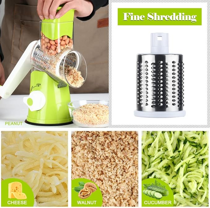 Ourokhome Rotary Cheese Grater Hand Crank, Kitchen Shredder Speed Mandolin Slicer Nut Grinder with Handle and Drum Blades for Cheese, Vegetable, Walnut, Chocolate, Potato, Carrot, 3 Blades, Green