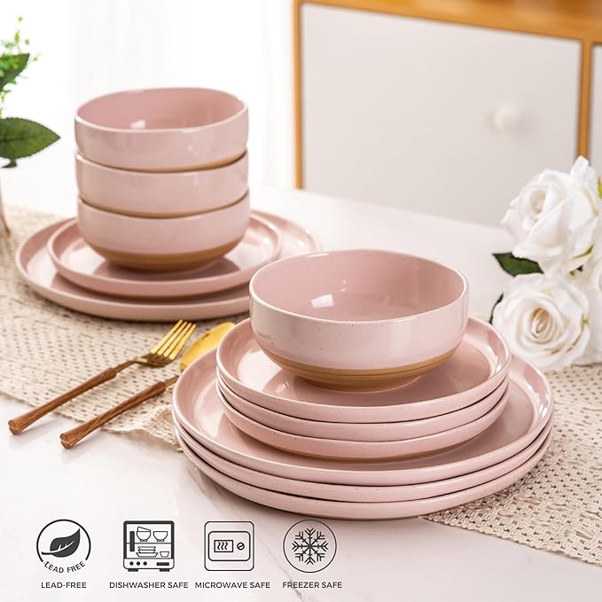 AmorArc Ceramic Dinnerware Sets for 6, 18 Pieces Handpainted Speckled Plates and Bowls Set with Rustic Terracotta Underside, Scratch Resistant Stoneware Dishes Set, Dishwasher & Microwave Safe, Pink