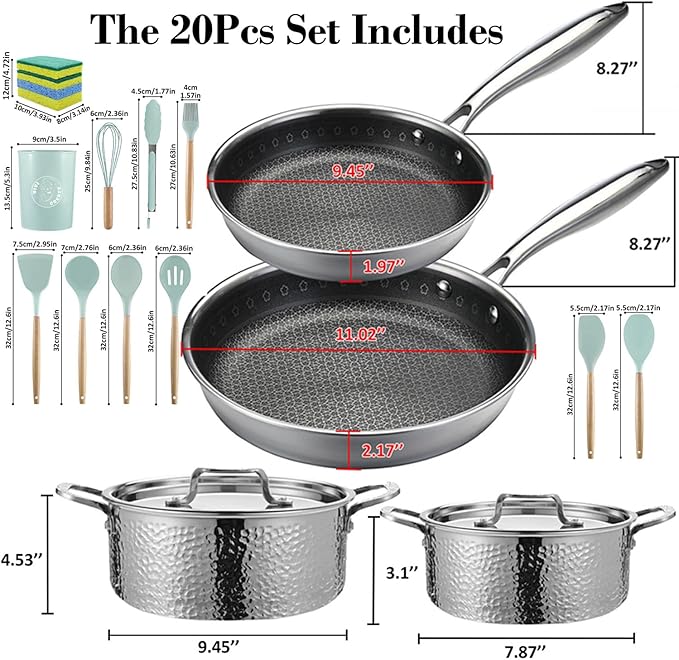 Vivicreate 20 Piece Stainless Steel Kitchen Cooking Pot Pots and Pan Pans Cookware Set Pots and Pans Hammered Design Induction Compatible Ollas de Acero Inoxidable