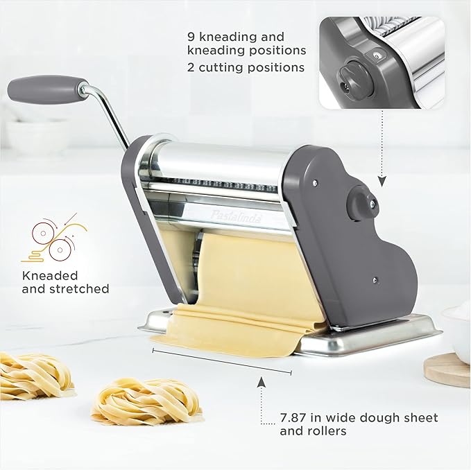 PASTALINDAClassic 200 Pasta Maker Machine, 20 cm Wide Rollers, 9 Thickness Positions, 2 Cutting Positions, Stainless Steel. Includes Reinforced Hand Crank And Two Clamps (Gray)