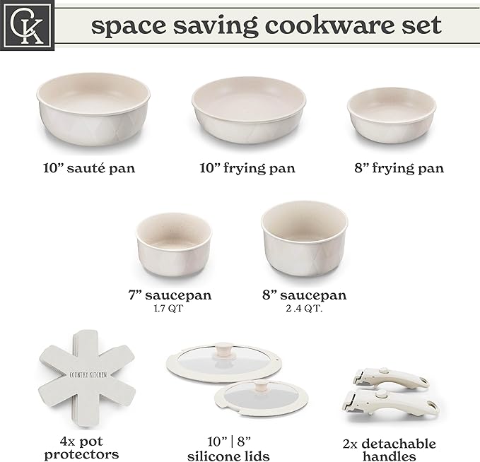 Country Kitchen Cookware Set with Removable Handle, Oven & RV Safe Pots and Pans Set, Cream Diamond, Original