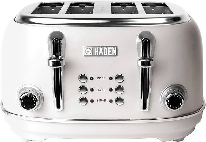 HADEN Heritage 4-Slice Toaster with Extra Wide Slots, 1500-Watt, Ivory & Chrome - Retro Stainless Steel Design with Self-Centering Function, Adjustable Browning Control & Removable Crumb Tray