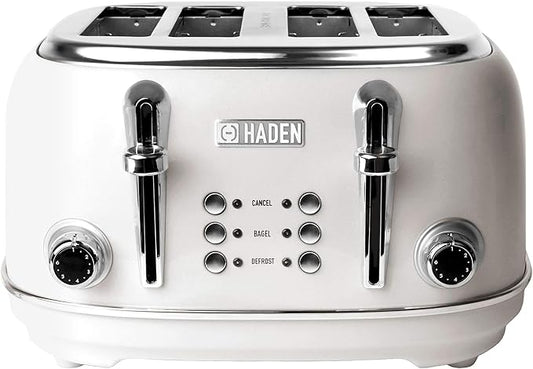 HADEN Heritage 4-Slice Toaster with Extra Wide Slots, 1500-Watt, Ivory & Chrome - Retro Stainless Steel Design with Self-Centering Function, Adjustable Browning Control & Removable Crumb Tray