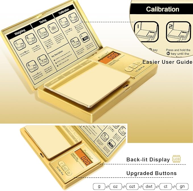 Fuzion Digital Pocket Gram Scale .01 Gram Accuracy, Gold Titanium Plating, 200g Digital Scale, Small Scale for Food, Jewelry, Herb, Spice, Coin - Weight Gram and Oz