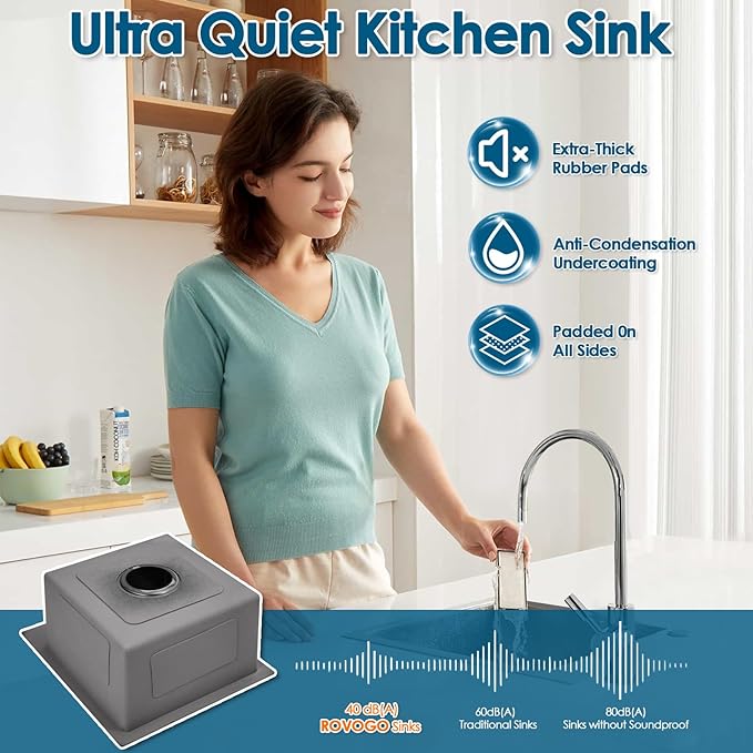 ROVOGO 17x19x8 in. Bar Sink Drop in, Top Mount Kitchen Sink Single Bowl 304 Stainless Steel, Small Wet Bar Prep Sinks with 1 Hole, Brushed