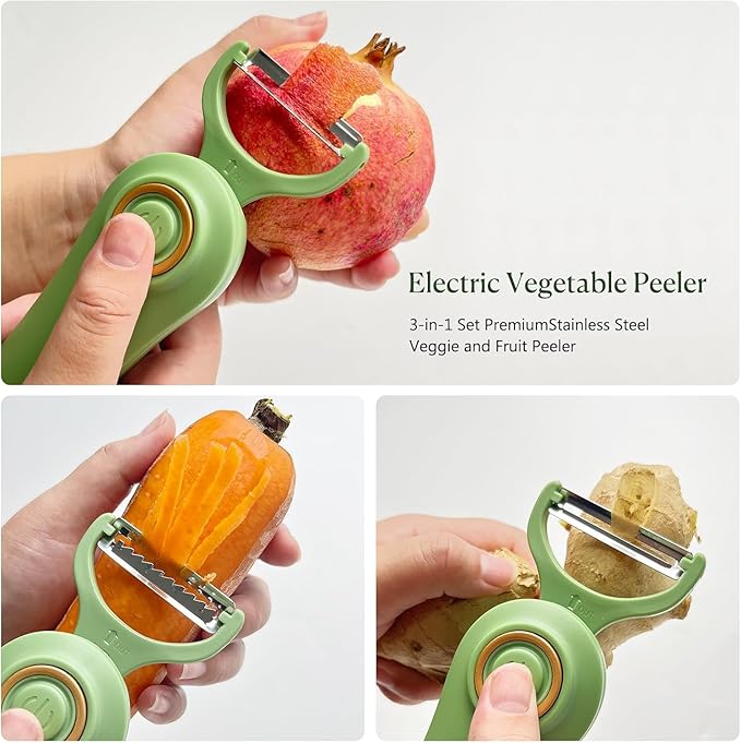 3-in-1 Electric Peeler | Auto Blade for Fruits/Vegetables | 3 Interchangeable Blades | Type-C Charging,Battery Capacity 1500 mAh | Kitchen, Travel, Camping