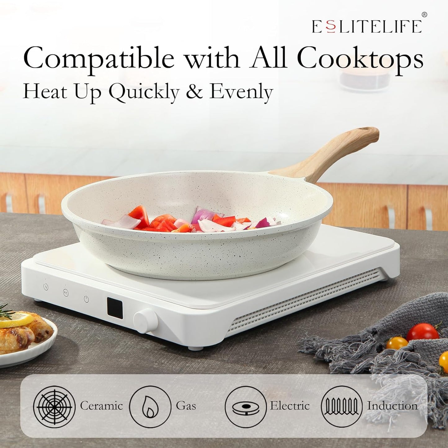 ESLITE LIFE Nonstick Ceramic Frying Pan Skillet with Lid, Non-Toxic Egg Omelette Kitchen Cooking Pans Compatible with All Stovetops (Gas, Electric & Induction), PTFE & PFOA Free (White, 8" w/Lid)