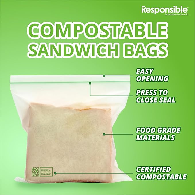 Certified Compostable SANDWICH Resealable Zip Bag, Extra Strength Food Bags, Plant-Based Freezer-Safe (30 Pack)