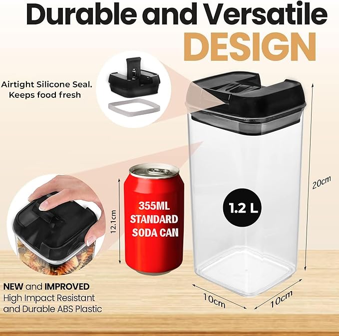 Shazo Airtight Food Storage Containers with Lids - 6 PC BPA Free Clear Plastic Cereal Containers with Easy Lock Lids for Kitchen and Pantry Organization for Snacks and Pasta - 1.2 L