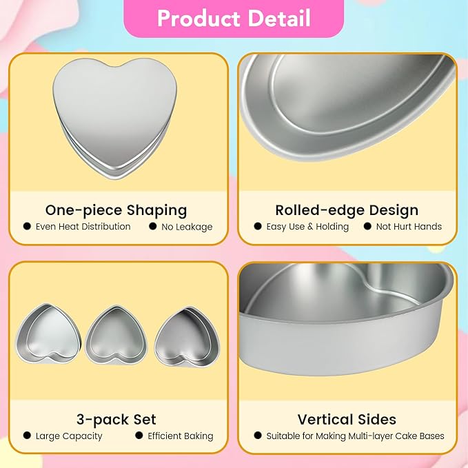 3-Pack 8-Inch Heart Shaped Cake Pans, Durable Anodized Aluminum Pans with Fixed Bottom, Ideal for Baking, DIY Projects, Birthdays & Weddings, Heart Pans Chiffon Cake Mold for Oven Baking