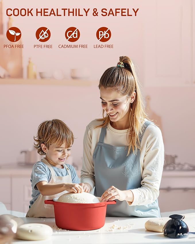 Enameled Cast Iron Dutch Oven – 6 Quart Pot with Lid & Potholders – Heavy-Duty Cookware for Bread Baking, Braising, Stews & Roasting – Oven & Stovetop Safe up to 500°F – Red