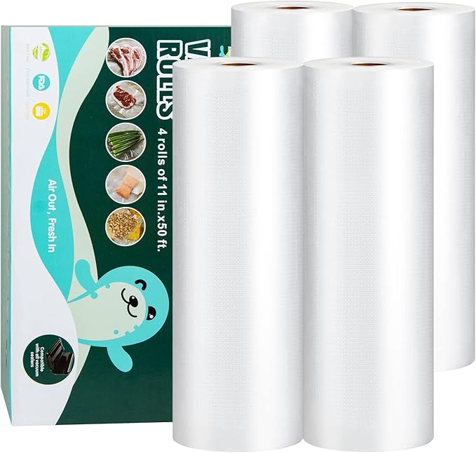 Happy Seal Vacuum Sealer Bags 11" x 50' 4 Pack for Food Saver, Rolls for Custom Fit Airtight Food Storage, Meal Prep or Sous Vide, Commercial Grade Vacuum Seal Freezer Bags