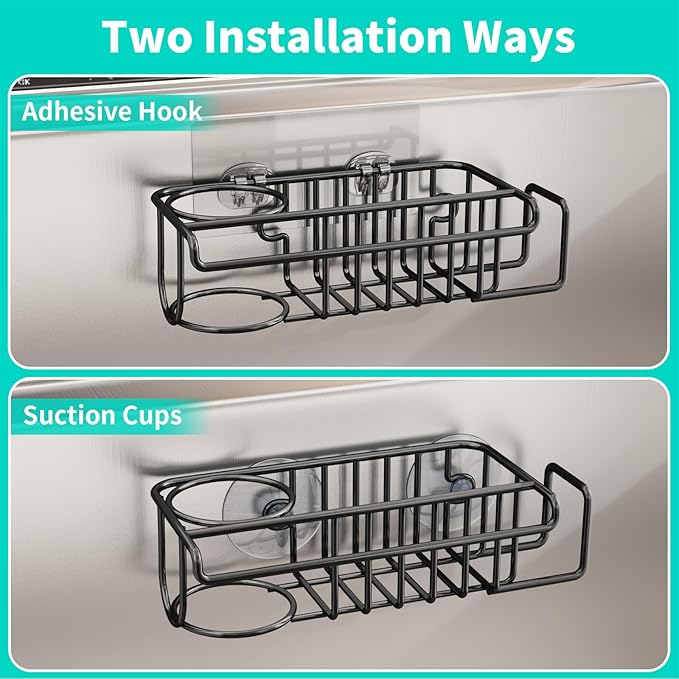 HapiRm 4 in 1 Adhesive Sponge Holder Sink Caddy, SUS304 Stainless Steel Brush Holder + Dish Cloth Hanger + Soap Rack + Sink Stopper Rack, No Drill Kitchen Sponge Caddy - Black