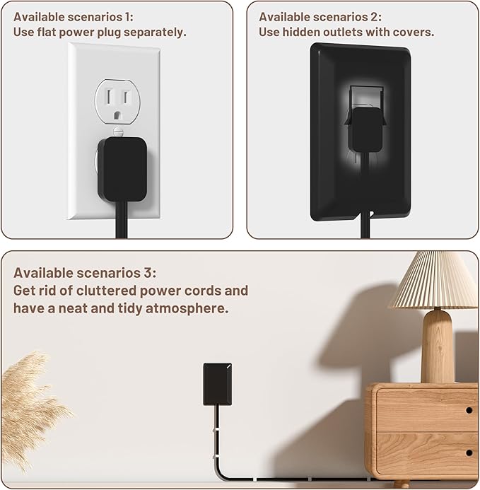 3FT Flat Plug Extension Cord with Ultra Thin Outlet Concealer with Cord Concealer Kit,3 Outlet Power Strip,Universal Size for Home,Bedroom,Kitchen,Bathroom,Office,ETL Listed,Black