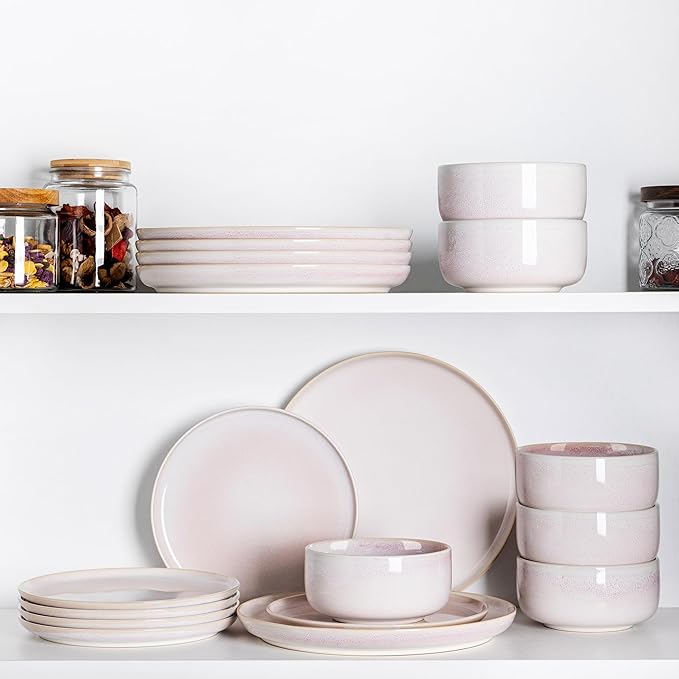 TheTerra Ceramic Dinnerware Sets for 4, 12 Pieces Handmade Reactive Glaze Plates and Bowls Set, Scratch Resistant Dish Set, Oven & Microwave & Dishwasher Safe, Primrose Pink