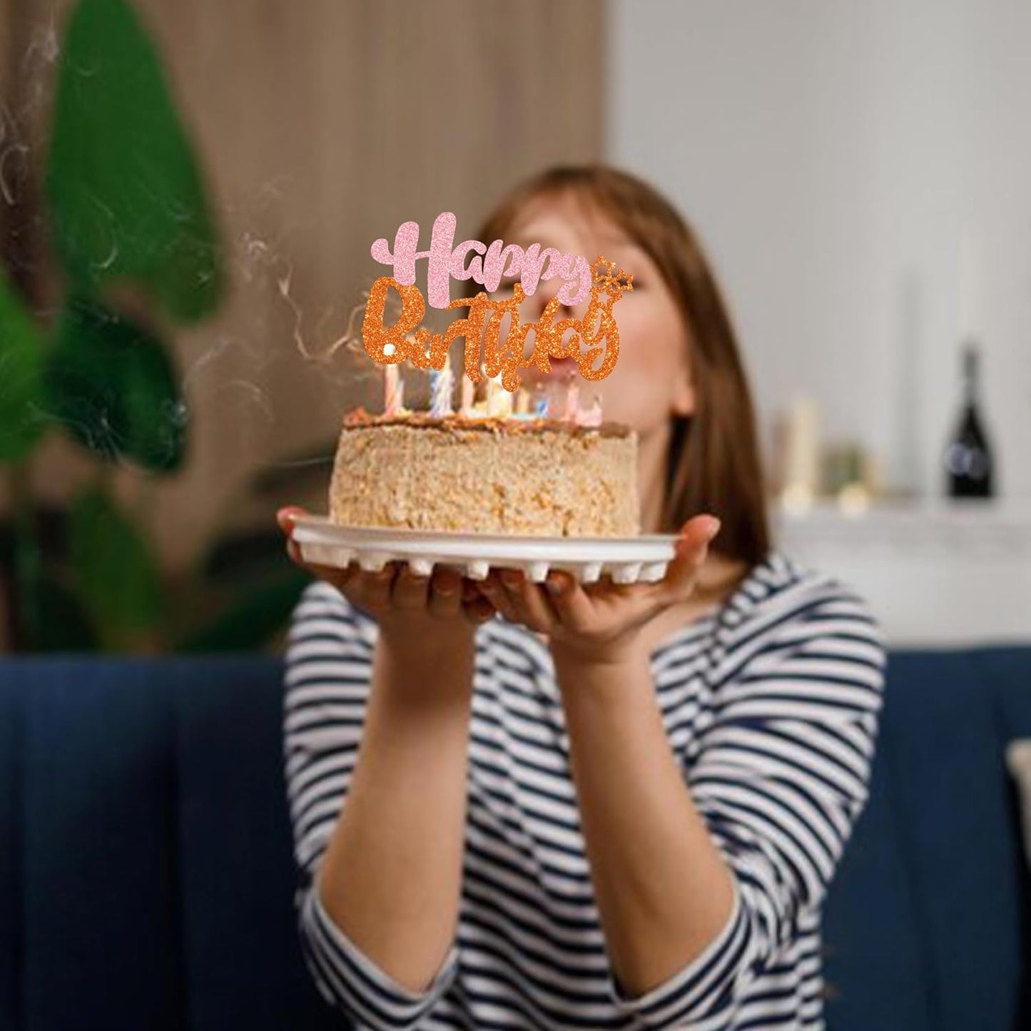 Ephlyn 1Pcs Happy Birthday Cake Topper Glitter Cake Pick for Celebrating Anniversary Party Cake Decorations Supplies Pink Orange