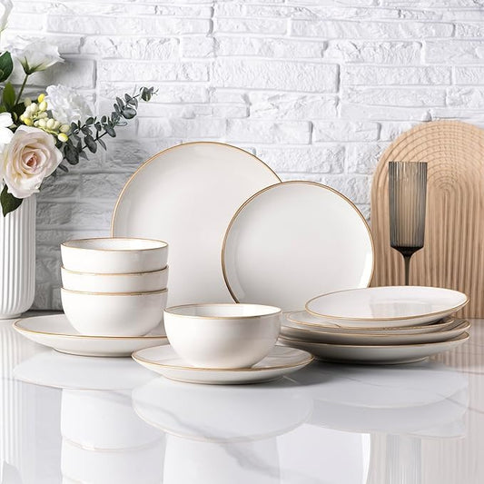 GBHOME Ceramic Dinnerware Sets for 4, 12 Pieces Stoneware Plates and Bowls Sets, Reactive Glaze Dishes -Scratch Resistant, Dishwasher&Microwave Safe，Pearl White