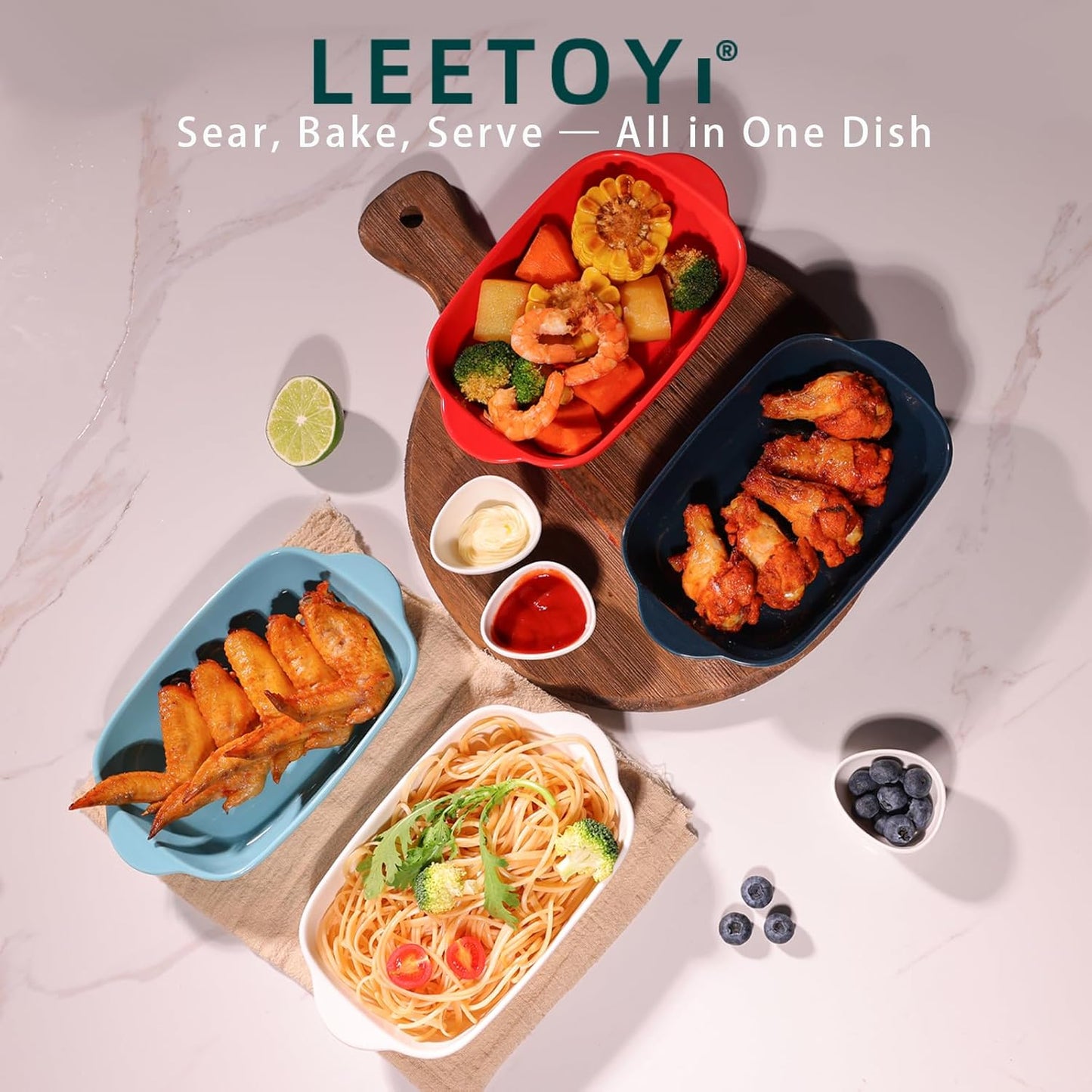 LEETOYI Ceramic Small Baking Dish 7.5-Inch Set of 4, Rectangular Bakeware with Double Handle, Baking Pans for Cooking and Cake Dinner (Red)