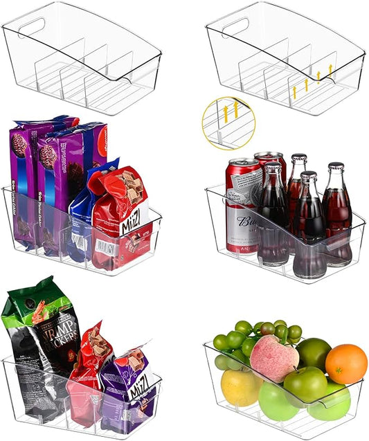 6 Pack Clear Pantry Organizer Storage Bins Removable Snack Organizer Plastic Cabinet Organizers Racks with 3 Dividers, Refrigerator Bins Kitchen Storage