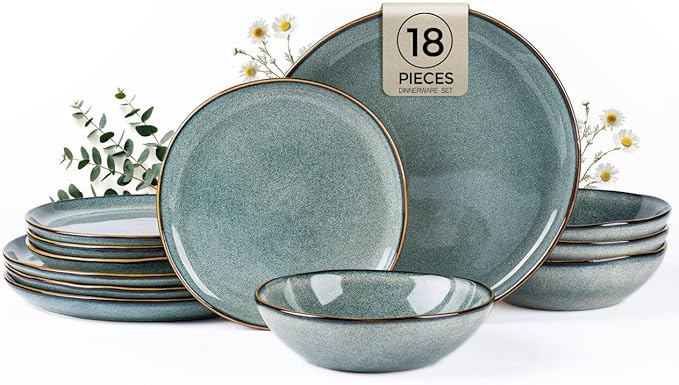 AmorArc Ceramic Dinnerware Sets,Handmade Reactive Glaze Stoneware Plates and Bowls Sets,Highly Scratch Resistant | Dishwasher & Microwave Safe Dishes Set,Service for 6 (18pc)
