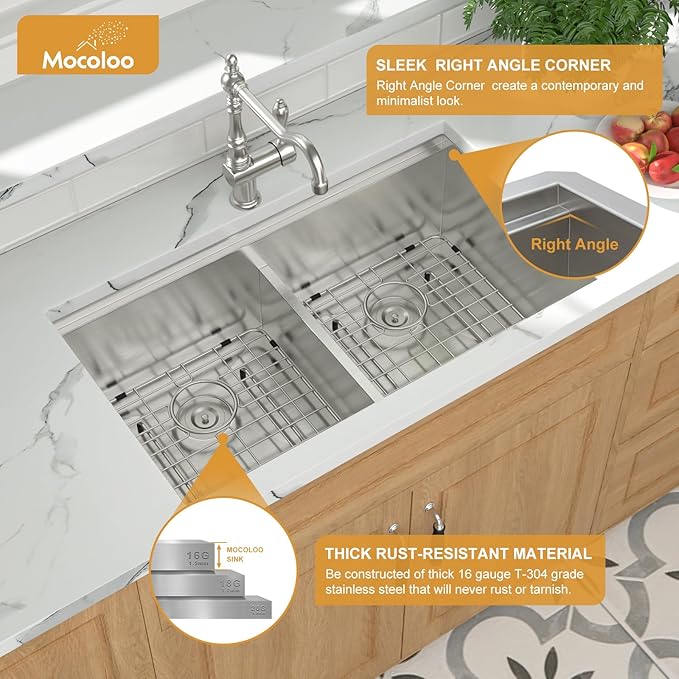 Mocoloo Double Bowl Kitchen Sinks - 50/50 Undermount Double Bowl 16 Gauge Low Divide Workstation 33 x 19 Inch Stainless Steel Sink Handmade, 10'' Deep Basin