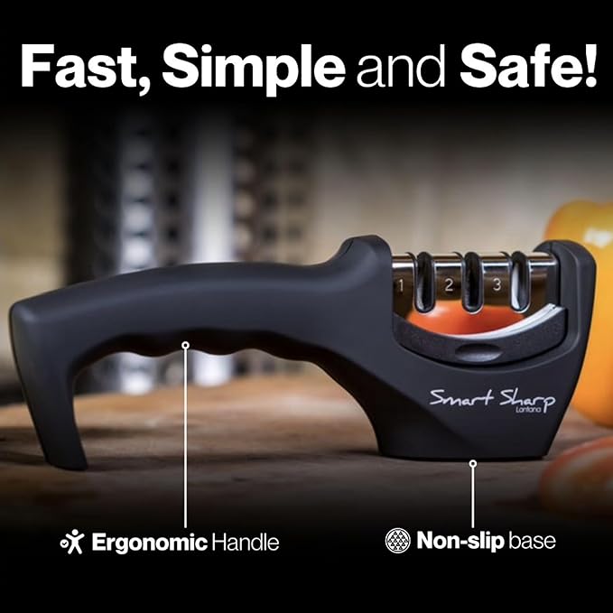Lantana Knife Sharpener 'Smart Sharp' - Professional 3 Stage Manual Sharpener for Sharpening Kitchen Knives - Ceramic Stone, Tungsten Carbide Plates, Diamond rods. Ergonomic Design, Black/Chrome