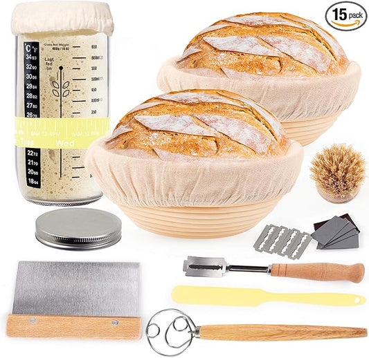 Bread Proofing Baskets, 2pcs Round 8.5inch Sourdough Starter Kit, Sourdough Bread Baking Supplies (Yellow)