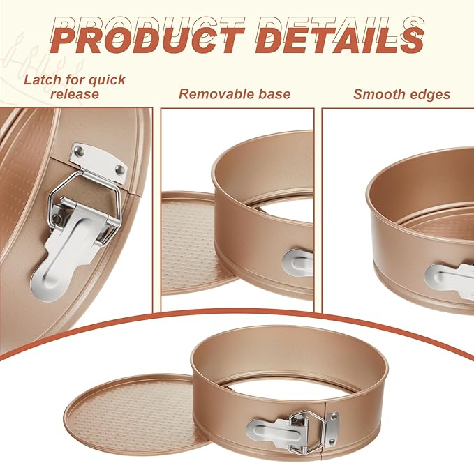 4 Pcs 8 Inch Non Stick Springform Pan with Removable Bottom Carbon Steel Round Springform Cheesecake Pan with Stainless Steel Spring Buckles for Baking Kitchens Restaurant(Champagne Gold)