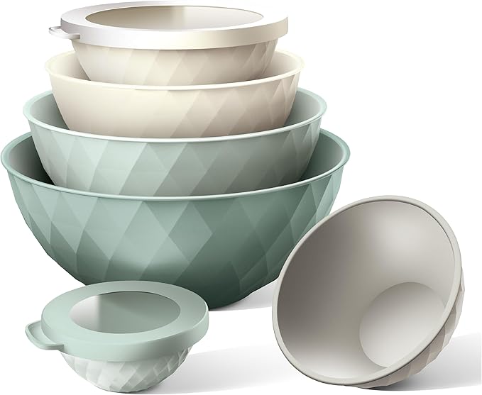 COOK WITH COLOR Mixing Bowls with Lids - 12 Piece Plastic Nesting Bowls Set includes 6 Prep Bowls and 6 Lids, Diamond Design - Microwave Safe, Mint