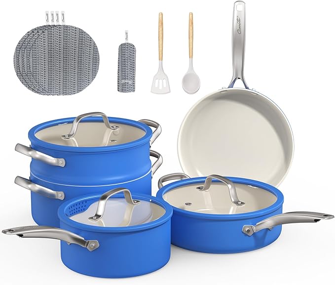 15 Pcs Pots and Pans Set Non Stick, Ceramic Cookware Set with Steamer, Non-Toxic Kitchen Cooking Set with Stay-Cool Ergonomic Handles, Oven & Dishwasher Safe, PFOS & PFOA Free (Cobalt Blue)