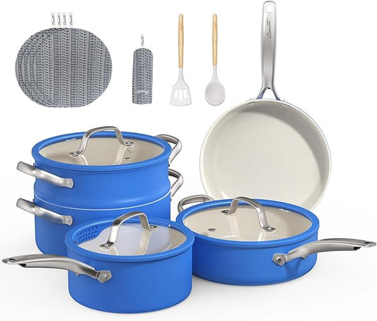 15 Pcs Pots and Pans Set Non Stick, Ceramic Cookware Set with Steamer, Non-Toxic Kitchen Cooking Set with Stay-Cool Ergonomic Handles, Oven & Dishwasher Safe, PFOS & PFOA Free (Cobalt Blue)