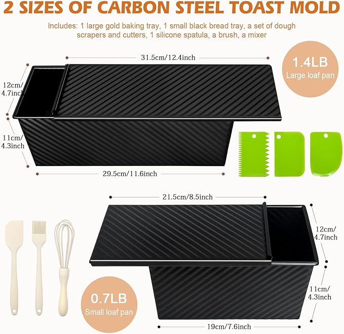 2Pack Bread Pan with Lids – 2.2 LB & 1 LB Dough Capacity, Non-Stick Carbon Steel Bread Pans for Homemade Sandwich and Sourdough Bread, Corrugated Toast Mold Black