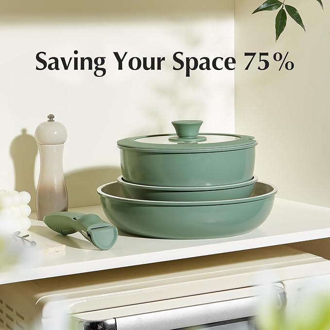 Redchef Pots and Pans Set Non Stick, Ceramic Cookware Set, Stackable Pots Pans, Non Toxic, PFAS/PFOA/PTFE Free, Induction Kitchen Cooking Set with Removable Handles, Dishwasher Safe, Green