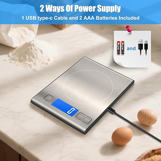 33lb Rechargeable Food Scale, Diyife 304 Stainless Steel Digital Kitchen Scale with 3 Buttons, Weight Grams and Ounces for Baking, Cooking, 5 Units with Tare Function, LCD Display, 2 AAA Batteries