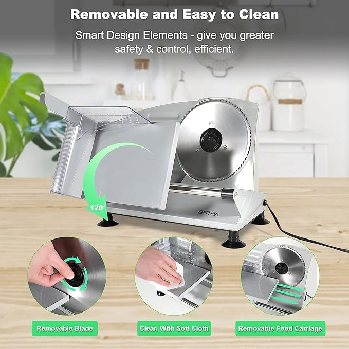 OSTBA Meat Slicer Machine for Home, Electric Deli Food Slicer with Removable 6.7” Stainless Steel Blades, 0-15mm Adjustable Thickness, Easy to Clean, 150W, Ideal for Cold Cuts, Cheese, Bread, Fruit
