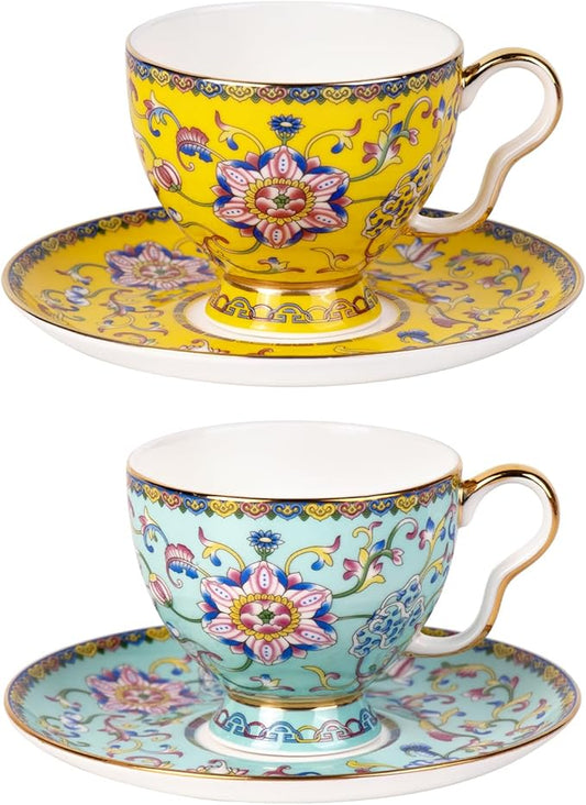 KAMMAK Tea Cups and Saucers Set of 2, Porcelain Coffee Cups with Saucer for Espresso, Cappuccino, 7.5oz Vintage Yellow and Blue Ceramic Demitasse Mug for Home, Tea Party, Office
