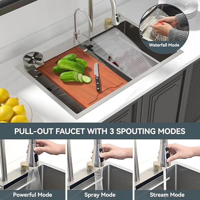 Lordear 33 Waterfall Kitchen Sink 33x22 Drop In Kitchen Sink Stainless Steel 16 Gauge Single Bowl Multifunctional Workstation Sinks with Built-in Accessories,Glass Rinser and Faucet Included