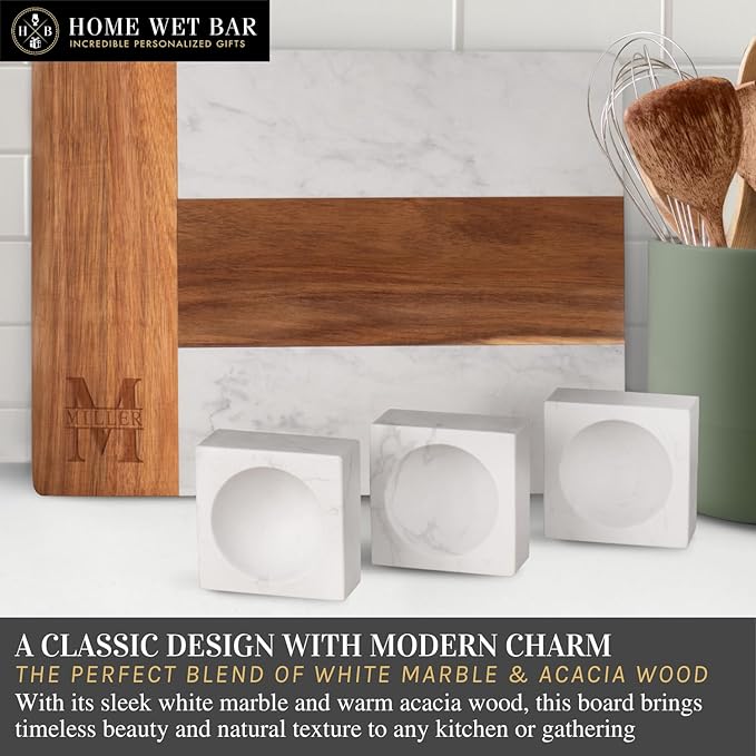 Personalized Charcuterie Board Gift Set | Custom 15.75" x 11.75" White Marble & Acacia Wood Cheese Board with Serving Bowls | Perfect Housewarming + Wedding + Couples Gift Idea