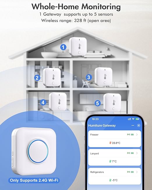 WiFi Freezer Thermometer Alarm, Freezer Alarm with App Notifications, Digital Fridge Thermometer with Loud 90dB, 2 Remote Wireless Temperature Sensors for Home Kitchen Fridge Fish Tank