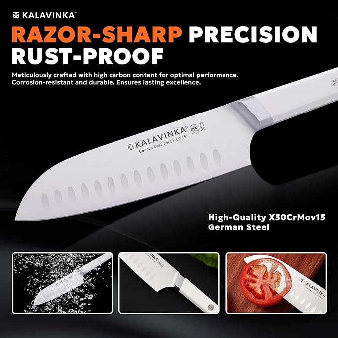 7 Inch All-Purpose Santoku Knife, German X50CrMoV15 Steel, Comfortable Handle, Razor Sharp Edge, Gifted Sheath, Outdoor Cooking (RUPA)
