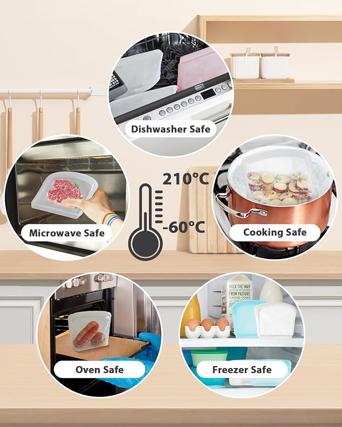 Reusable Silicone Storage Bag, 6 Packs Pocket, Snack, and Sandwich Bag, Endurables Seal-Top Silicone Bags for Food Storage, Freezer, Microwave, Oven, Dishwasher Safe (Clear & Rose Quartz)