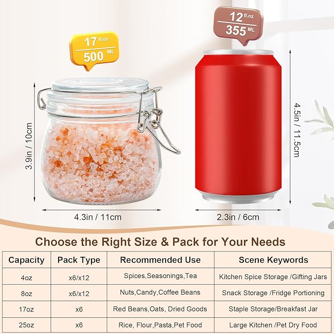 17oz Airtight Glass Jars with Lids, Set of 6 Small Food Storage Containers & Canisters, Clear Mason Jars with Wire Clip Seal for Canning, Pickling & Kitchen