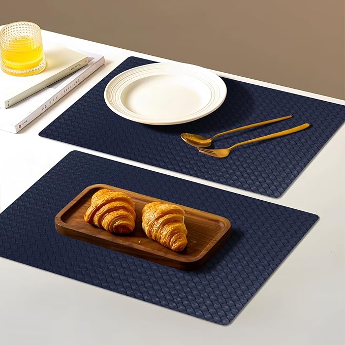 Vinyl Placemats Set of 6-12×17.7 Inch Waterproof & Heattable Placemats, Fall Faux Leather Wipeable Outdoor Table Mat for Dining, Kitchen, Indoor Outdoor Use (Dark Blue, Woven Pattern)