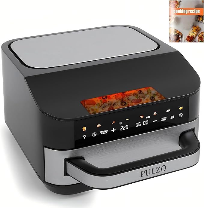 PULZO 7.4 Qt Large Air Fryer, 13IN Large Pizza Airfryer, 12-IN-1Smart Digital Fryer with Basket, 166° Viewing Window, 8 Airfryer Presets, Roast, Bake, Broil, Reheat, Dehydrate, Automatic Shutdown
