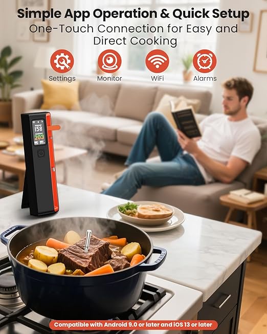 Wireless Bluetooth Smart Meat Thermometer: ±0.5°F Precision, 1 Probe with 6 Sensors - WiFi Thermometer NIST Certified Accuracy, LED Smart Base, Long-Range for BBQ, Oven, Smoker, Rotisserie