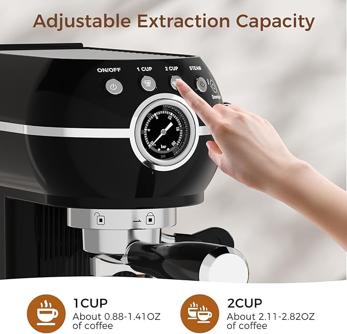 Espresso Machine with Milk Frother ，20 Bar Stainless Steel Espresso Maker with Milk Frother Steam Wand, Espresso Coffee Machine with Removable Water Tank (Black)