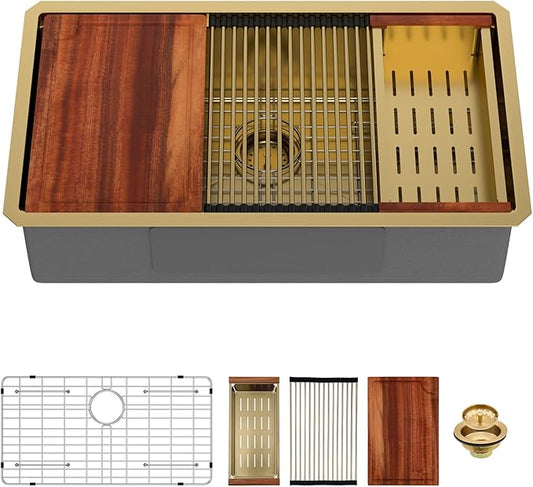 Mocoloo 33 Gold Kitchen Sink - 33 x 19 Inch Undermount Kitchen Sinks Ledge Workstation Gold Sink Single Bowl 16 Gauge Stainless Steel Under Counter Modern Sinks