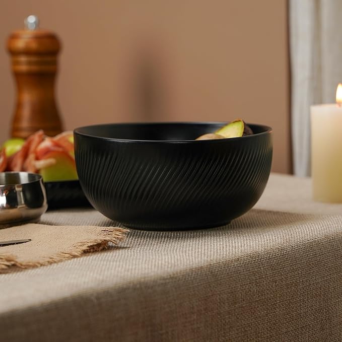 Matte Black Plates and Bowls Set 12pcs, Stoneware Dinnerware Sets for 4, Dishwasher and Microwave Safe Ceramic Dishes Set, Ribbed, Obsidian Night